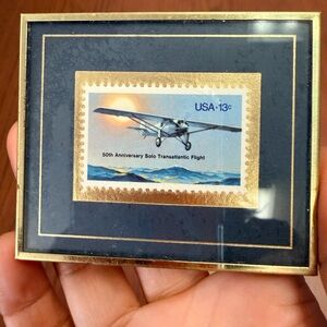 Vintage Lindbergh Transatlantic Flight Framed Stamp Art USA